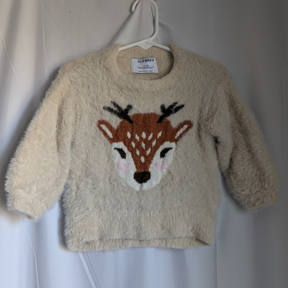 Old Navy Kid's Cream Sweater with Deer Design Fuzzy Stretchy Size 12-18 M